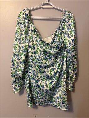 Missguided floral polyester faux wrap dress in green blue and white